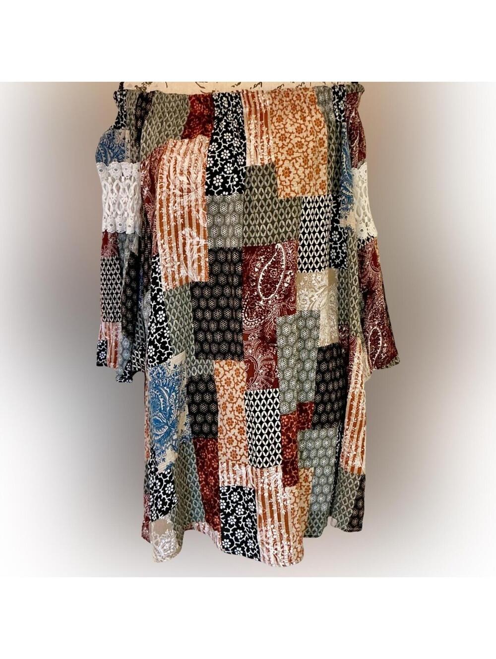Audrey 3+1 Boho Patchwork Off-Shoulder Tunic Dress – Size Medium - Picture 4 of 6